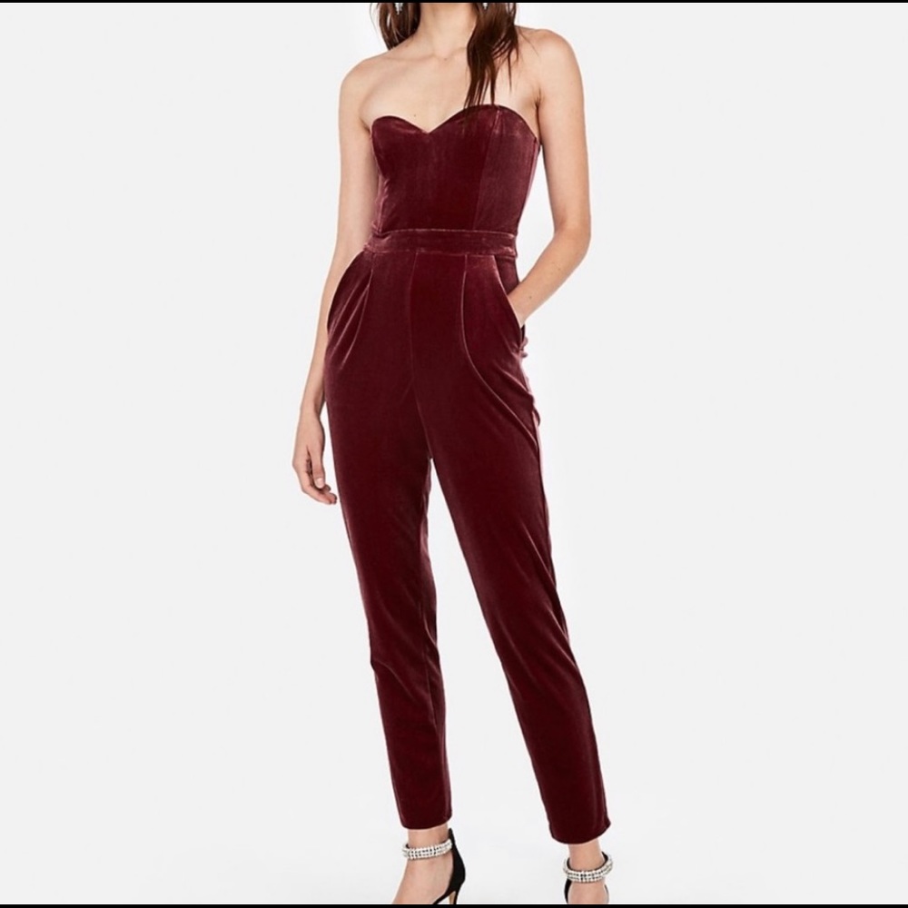 Express Velvet Strapless Sweetheart Jumpsuit Wine